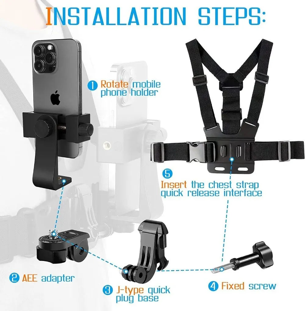 1 PC Adjustable Phone Clip Holder with Chest Strap – Hands-Free Accessory for Mobile Phones and Sport Cameras