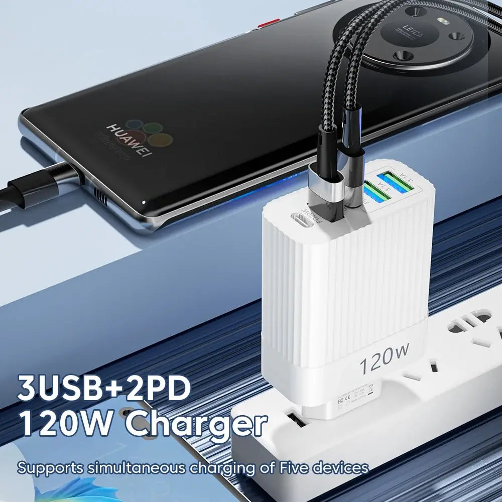 USB Fast Charger 5 Ports 120W – PD Type C Quick Charge Adapter for iPhone, Samsung, Xiaomi, Huawei, and More
