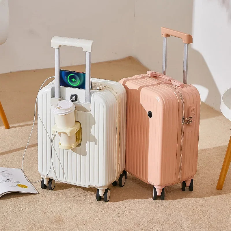 18 Inch Travel Suitcase Multifunctional Suitcase Boarding Box Student Trolley Password Case Rolling Luggage Bag with Cup Holder