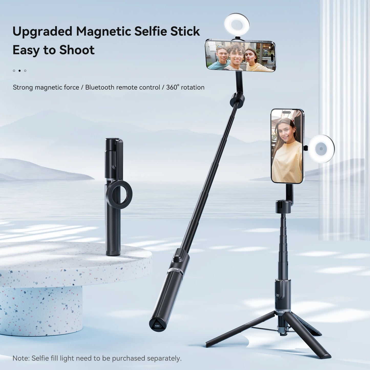 TELESIN 1.3M Magnetic Selfie Stick Tripod with Bluetooth Remote – Perfect for iPhone, Xiaomi, Huawei, Samsung, and Smartphones
