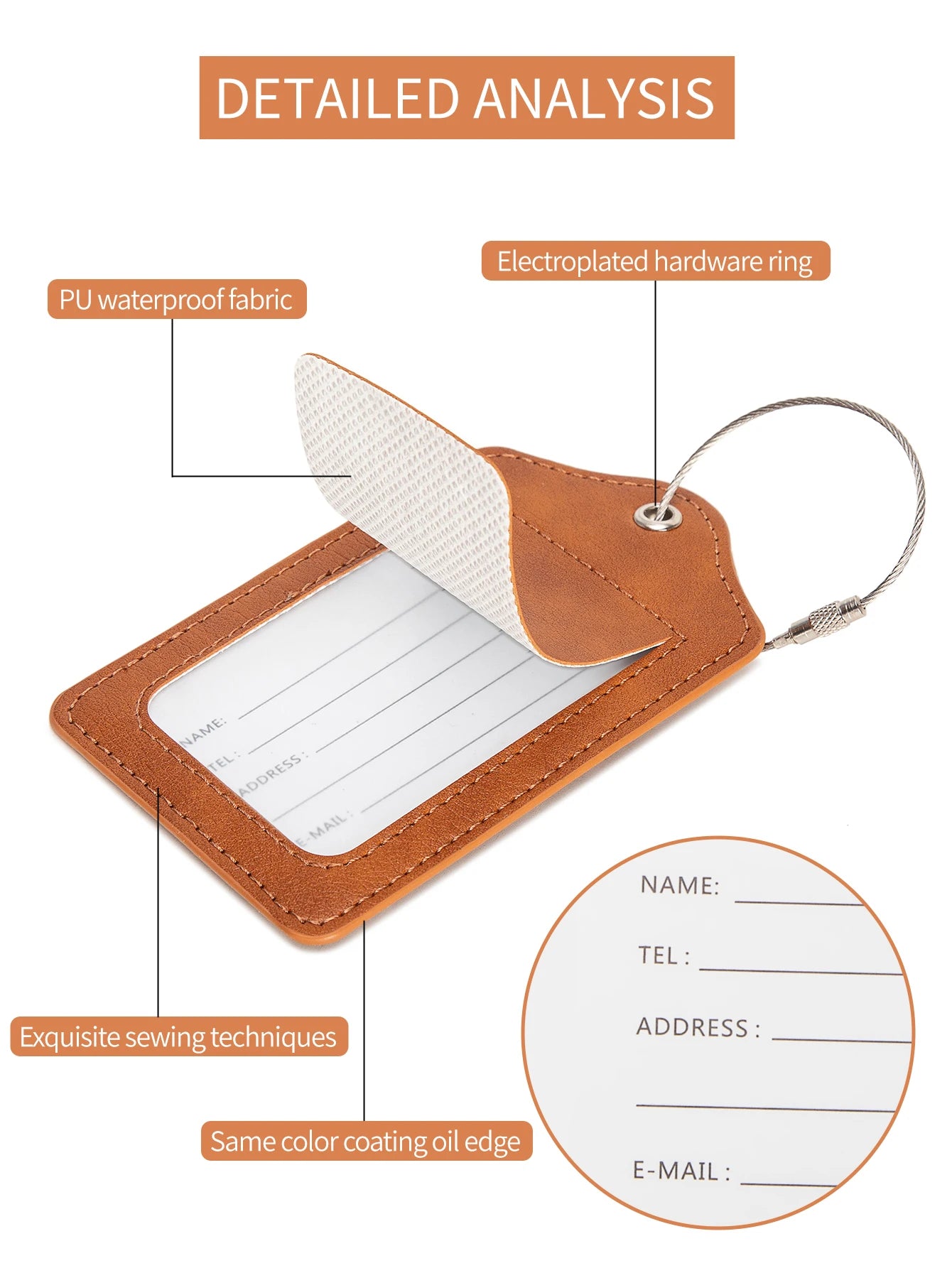PU Leather Luggage Tag with Privacy Protection and Anti-Loss Wire Rope Loop – Ideal for Luggage and Travel Bags
