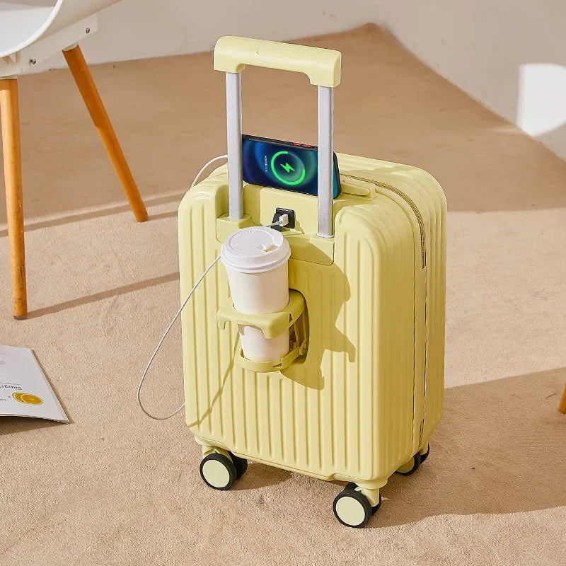 18 Inch Travel Suitcase Multifunctional Suitcase Boarding Box Student Trolley Password Case Rolling Luggage Bag with Cup Holder