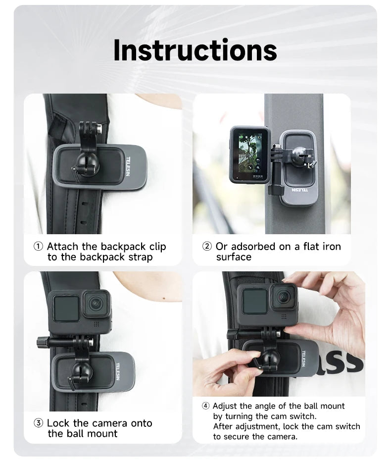 TELESIN 360° Rotation Magnetic Backpack Clip Mount for GoPro, Insta360, and DJI Action Cameras