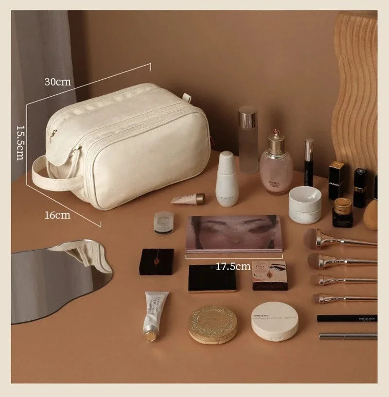 Multifunctional Makeup Bag for Women - Large Capacity PU Leather Travel Makeup and Toiletry Organizer with Double Zipper