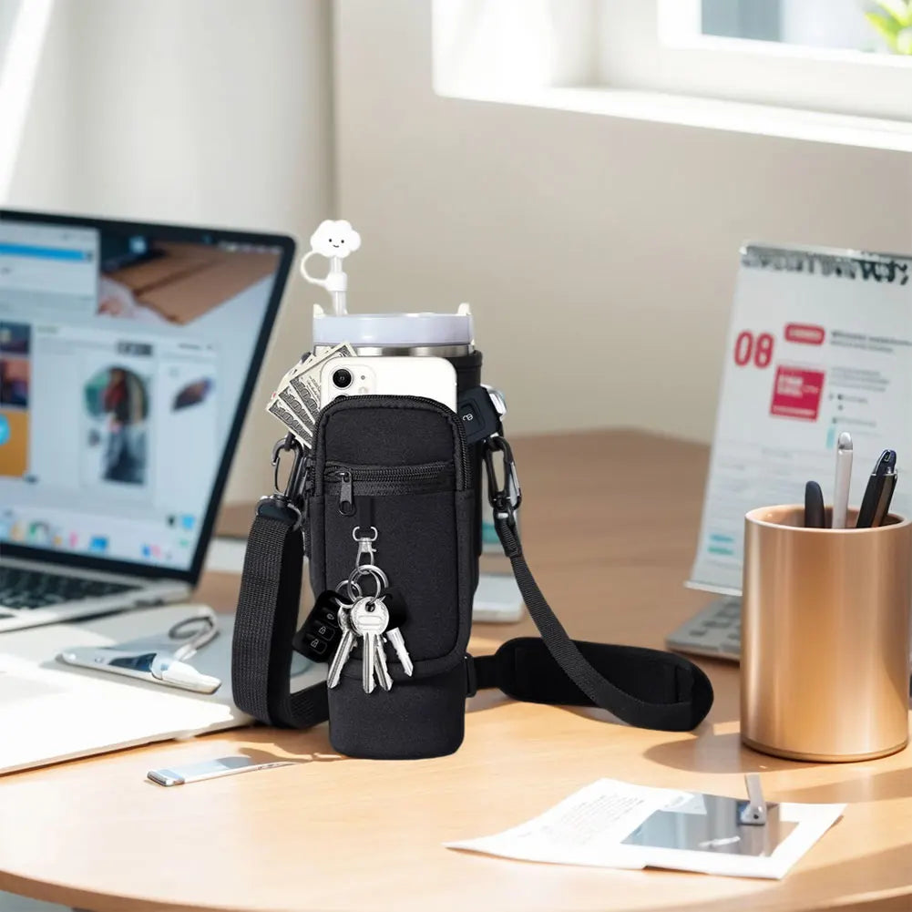 Adjustable Water Bottle Holder Bag with Shoulder Strap and Multi-Pockets – Compatible with Stanley 40oz Cup