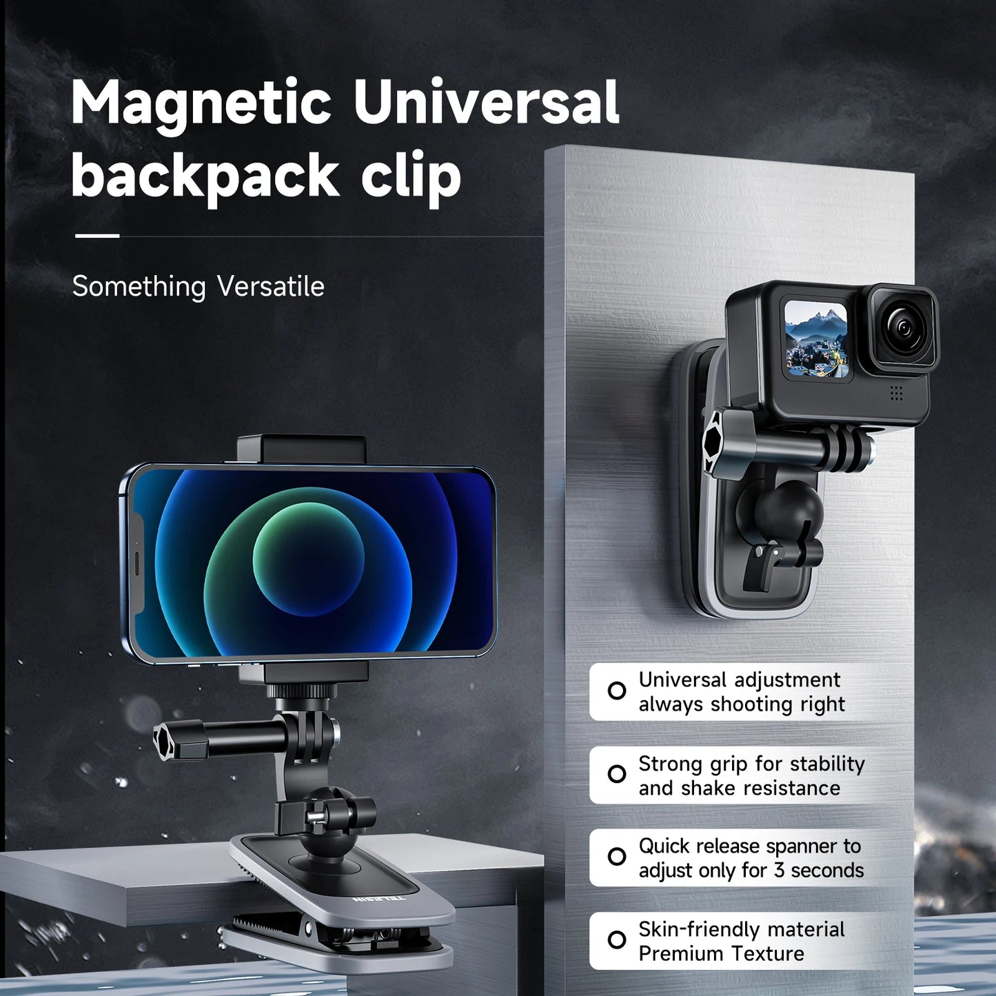 TELESIN 360° Rotation Magnetic Backpack Clip Mount for GoPro, Insta360, and DJI Action Cameras