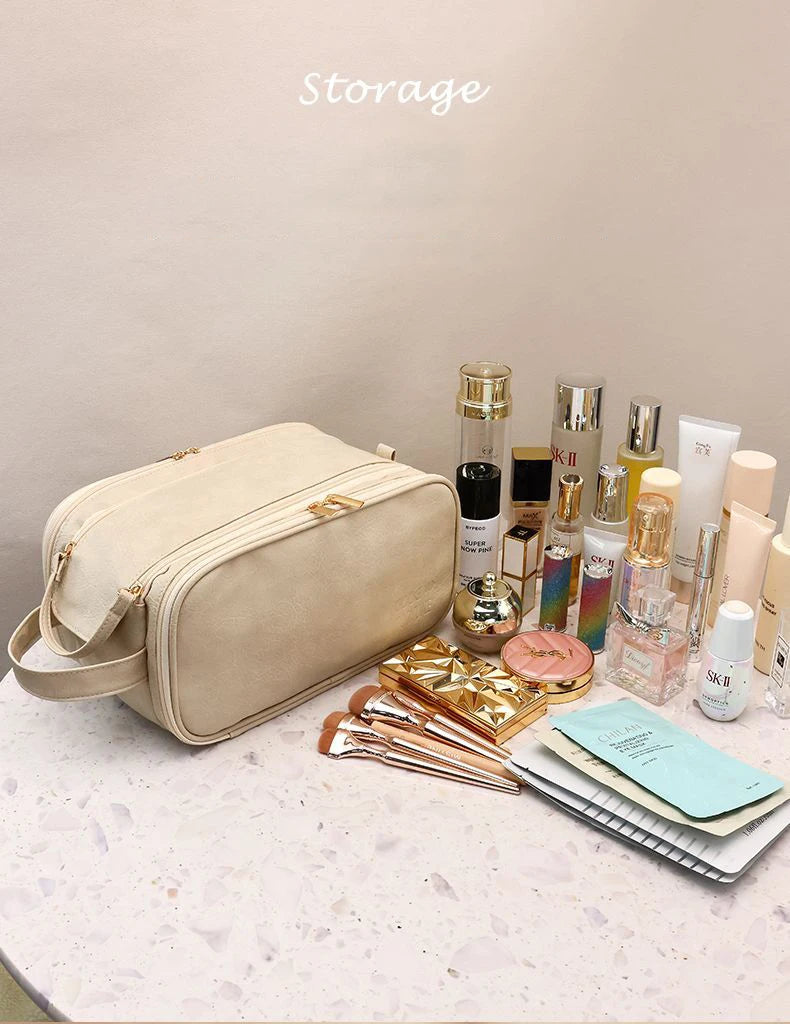 Multifunctional Makeup Bag for Women - Large Capacity PU Leather Travel Makeup and Toiletry Organizer with Double Zipper