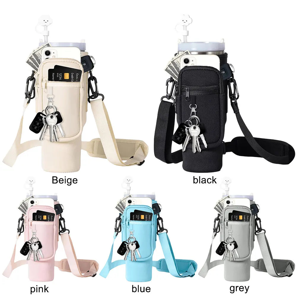 Adjustable Water Bottle Holder Bag with Shoulder Strap and Multi-Pockets – Compatible with Stanley 40oz Cup