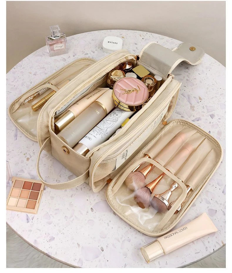 Multifunctional Makeup Bag for Women - Large Capacity PU Leather Travel Makeup and Toiletry Organizer with Double Zipper