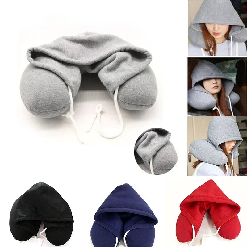 Hooded U-Shaped Travel Neck Pillow – Memory Foam Cushion for Car, Office, Airplane, and Noon Breaks