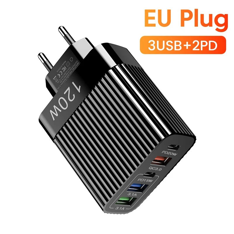 USB Fast Charger 5 Ports 120W – PD Type C Quick Charge Adapter for iPhone, Samsung, Xiaomi, Huawei, and More