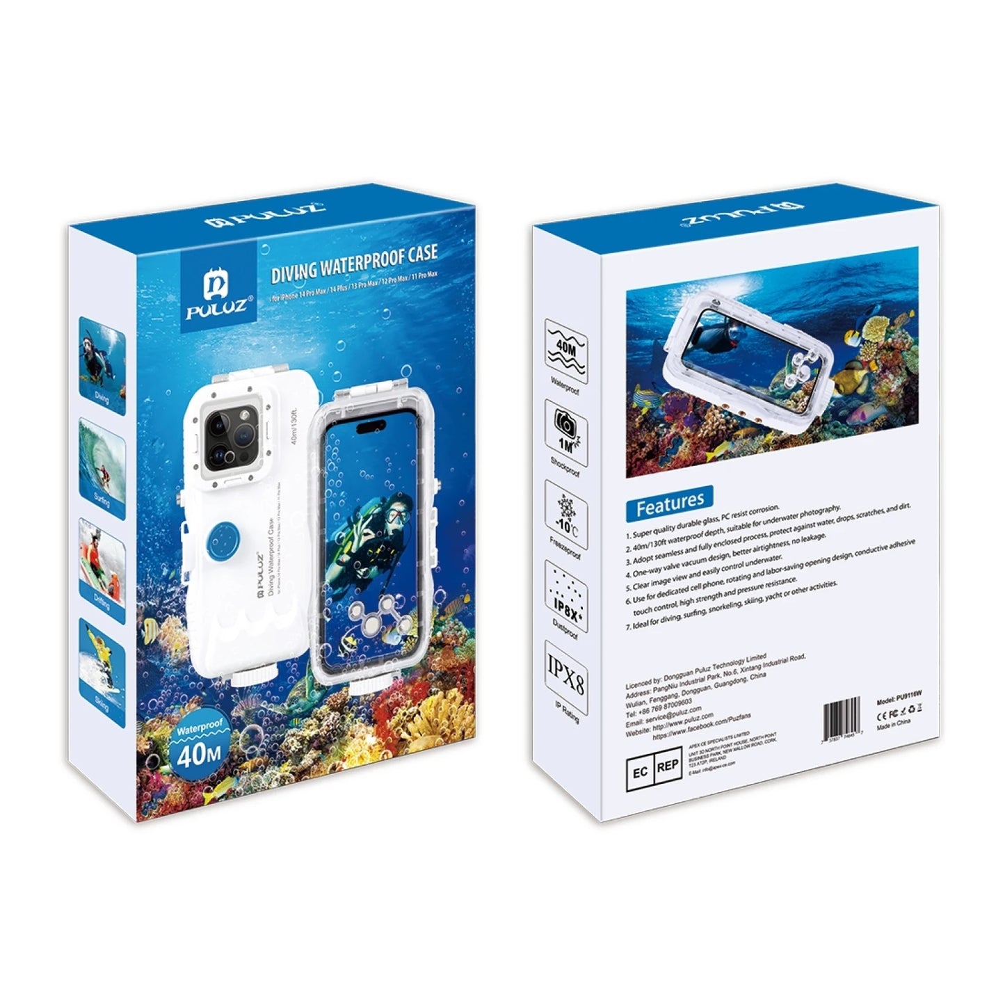 PULUZ 40m/130ft Waterproof Diving Case for iPhone 15 14 13 12 11 Pro Max Plus with One-way Valve Underwater Video Housing Cover