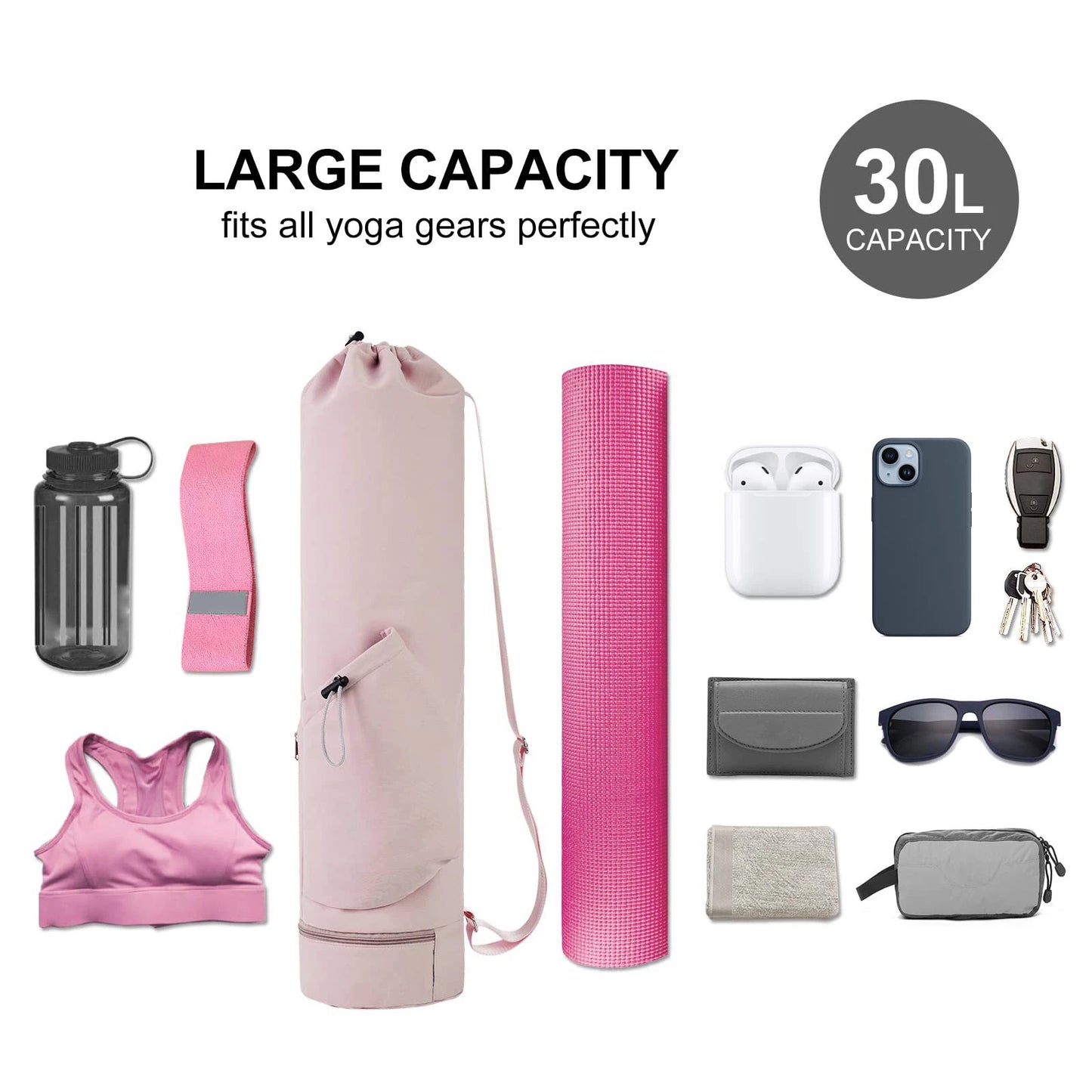 Yoga Mat Bag with Water Bottle Pocket & Wet Bag – 30L Capacity with Shoulder Strap