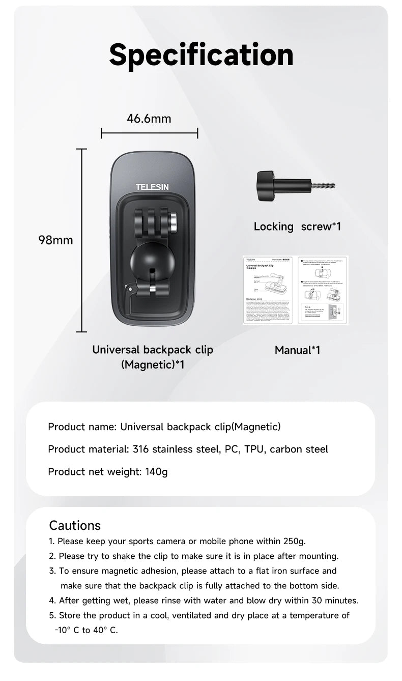 TELESIN 360° Rotation Magnetic Backpack Clip Mount for GoPro, Insta360, and DJI Action Cameras