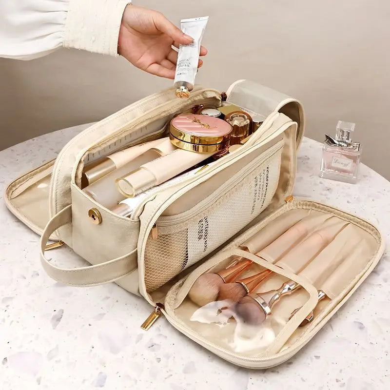 Multifunctional Makeup Bag for Women - Large Capacity PU Leather Travel Makeup and Toiletry Organizer with Double Zipper