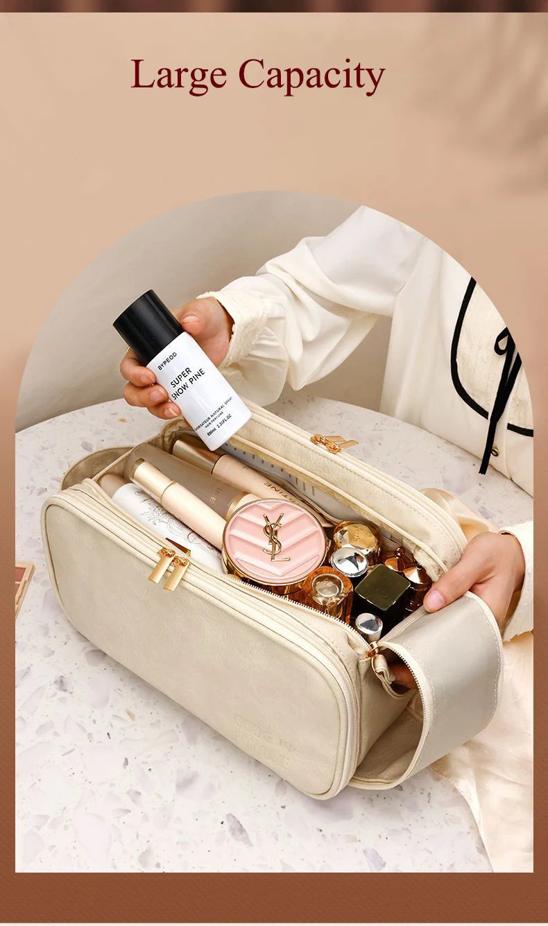 Multifunctional Makeup Bag for Women - Large Capacity PU Leather Travel Makeup and Toiletry Organizer with Double Zipper