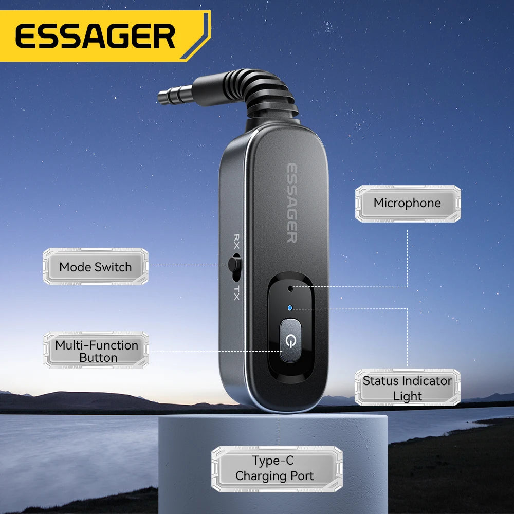 Essager Bluetooth 5.1 Audio Receiver & Transmitter – 3.5MM AUX with Mic for PC, TV, Car Speakers, and More