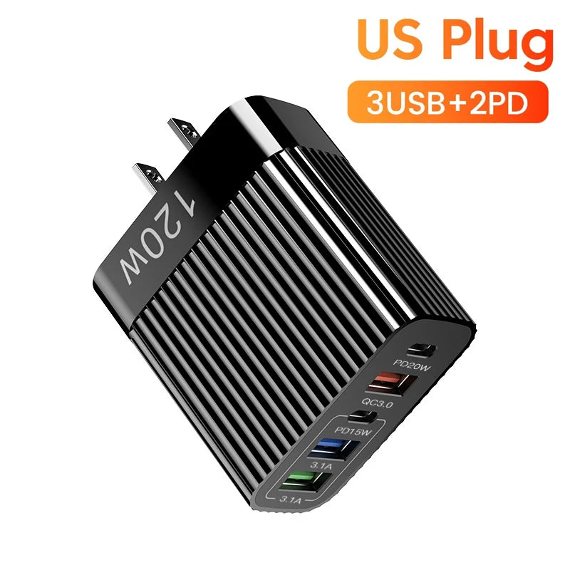 USB Fast Charger 5 Ports 120W – PD Type C Quick Charge Adapter for iPhone, Samsung, Xiaomi, Huawei, and More