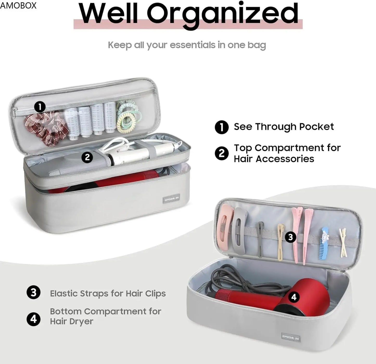 AMOBOX Double-Layer Travel Carrying Case – Portable Organizer for Hair Styling Tools