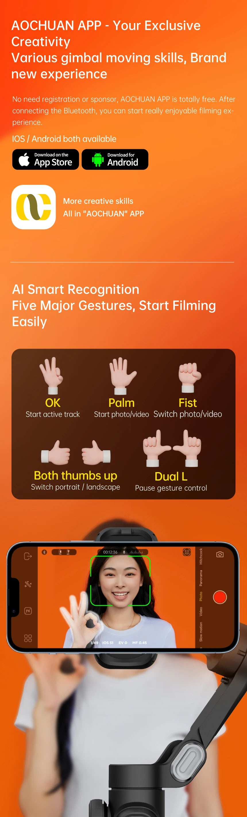 AOCHUAN 3-Axis Smartphone Gimbal with Face Tracking Light