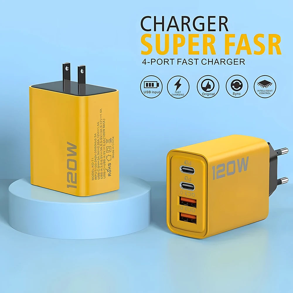 120W 4-Port USB-C Fast Charger - Perfect for Travel, Home, and Office
