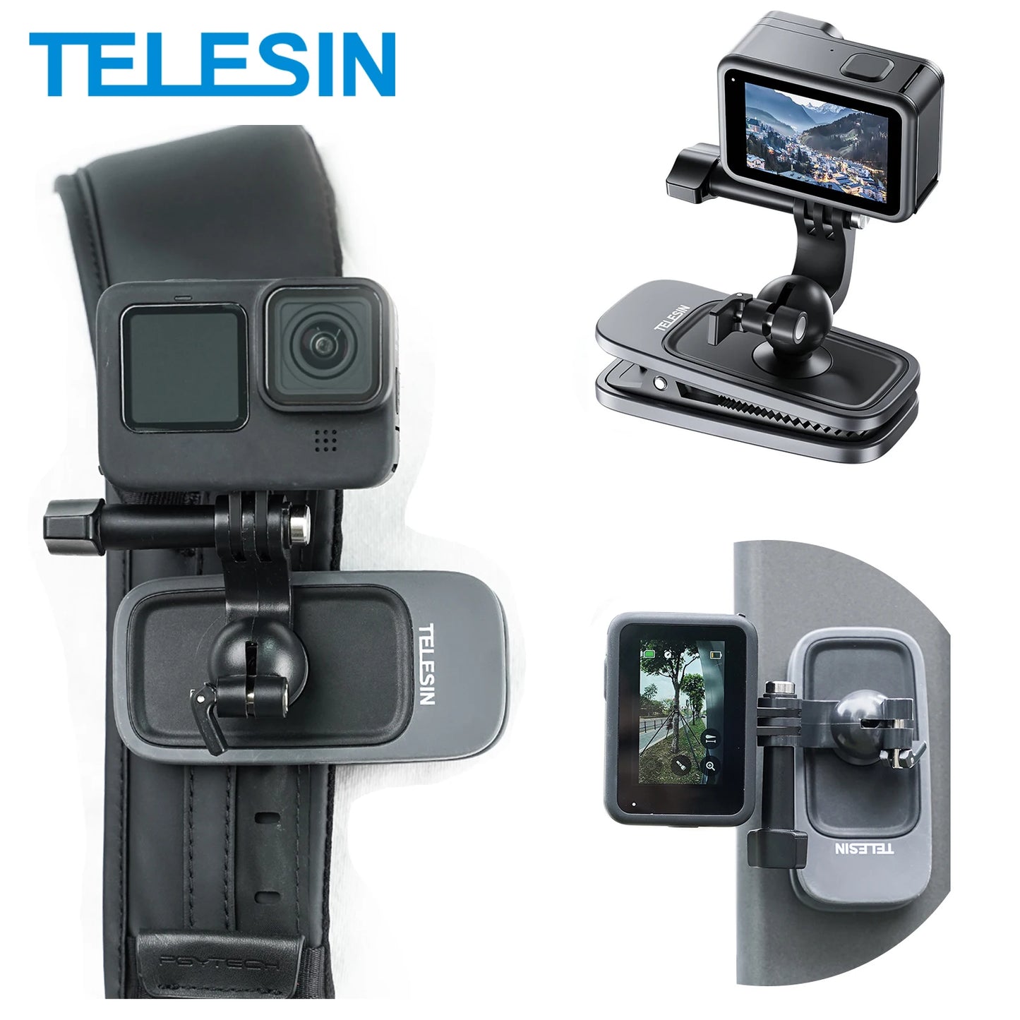 TELESIN 360° Rotation Magnetic Backpack Clip Mount for GoPro, Insta360, and DJI Action Cameras