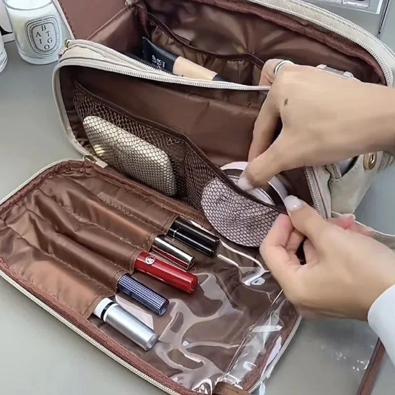 Multifunctional Makeup Bag for Women - Large Capacity PU Leather Travel Makeup and Toiletry Organizer with Double Zipper