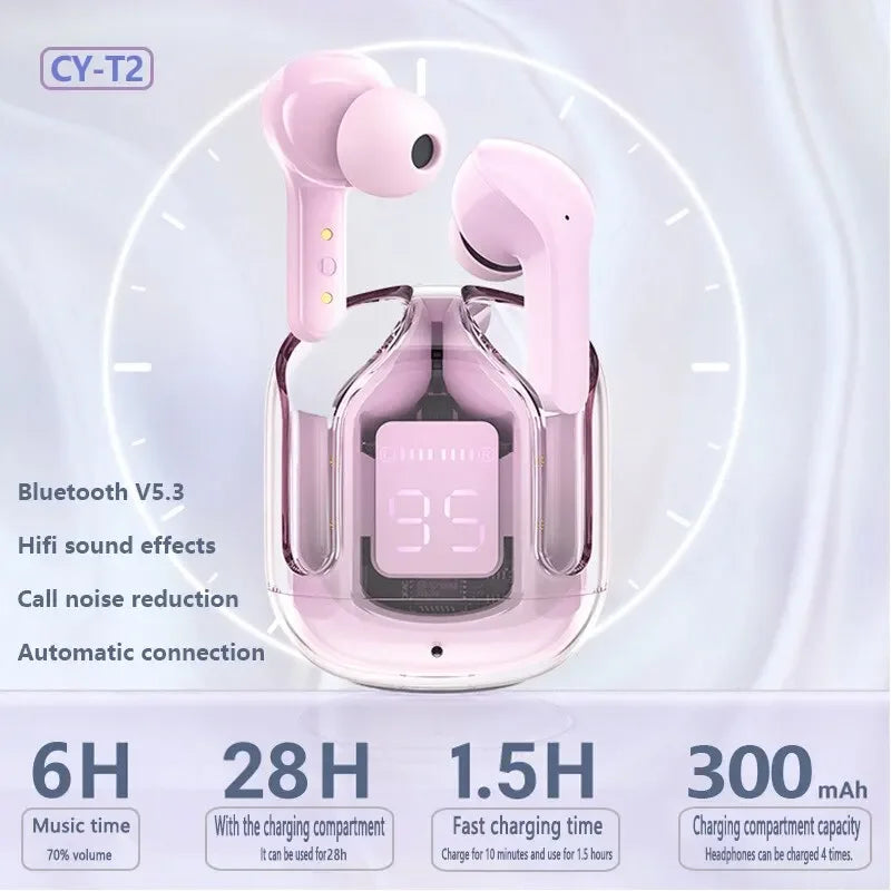 TWS Wireless Earphones with Transparent Design – Bluetooth 5.3 In-Ear Headset with ENC and LED Power Display
