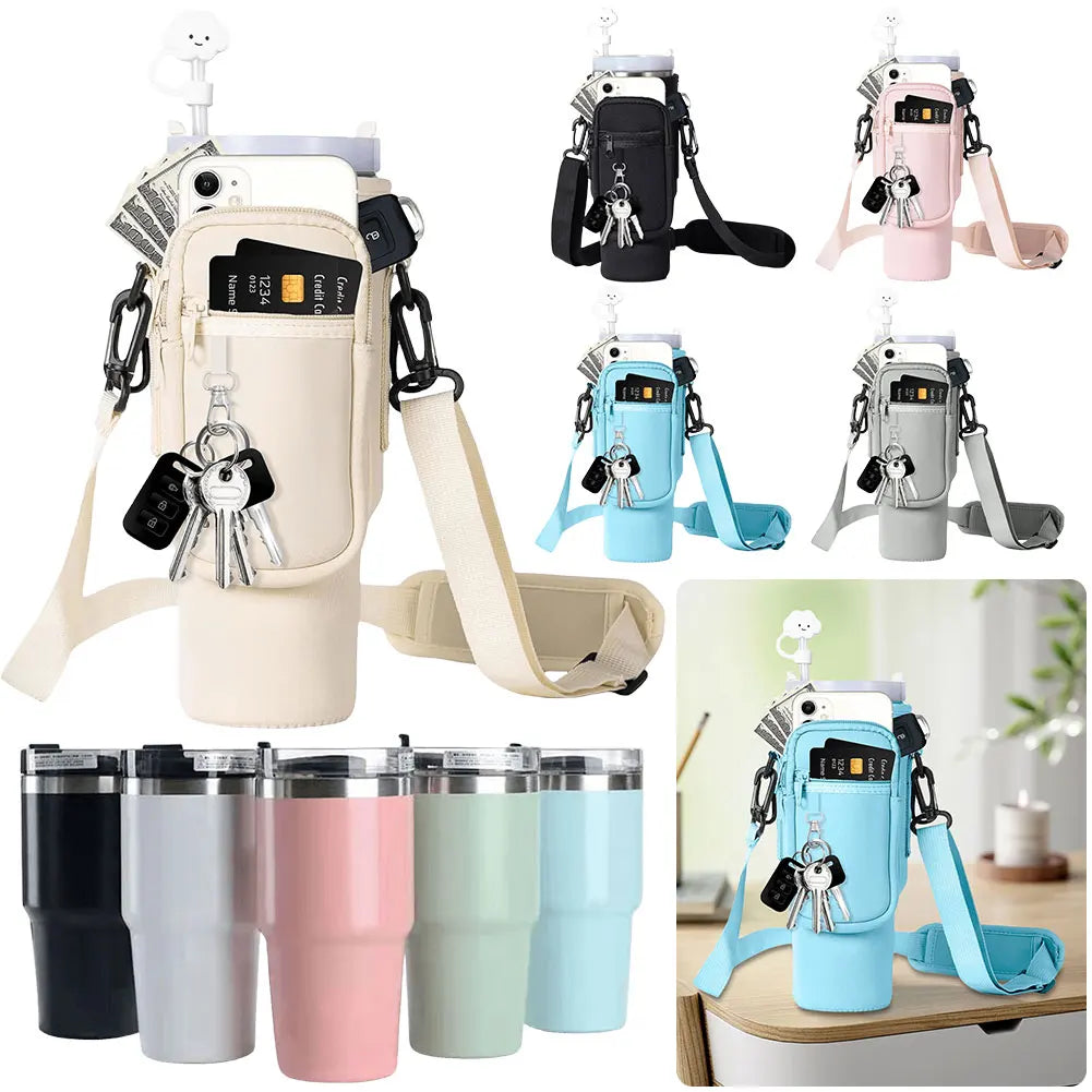 Adjustable Water Bottle Holder Bag with Shoulder Strap and Multi-Pockets – Compatible with Stanley 40oz Cup