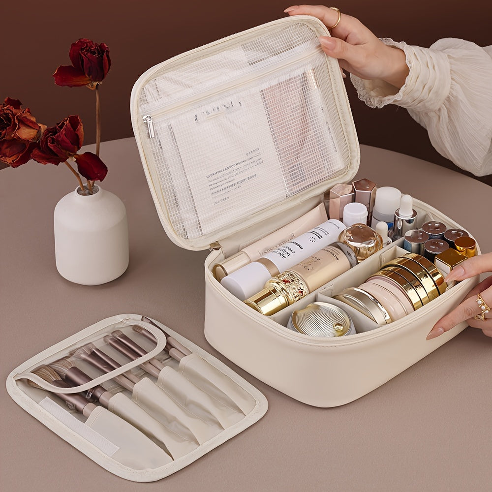 Large Capacity Multi-Layer Detachable Cosmetic Bag - PU Travel Makeup Organizer with Brush Holder