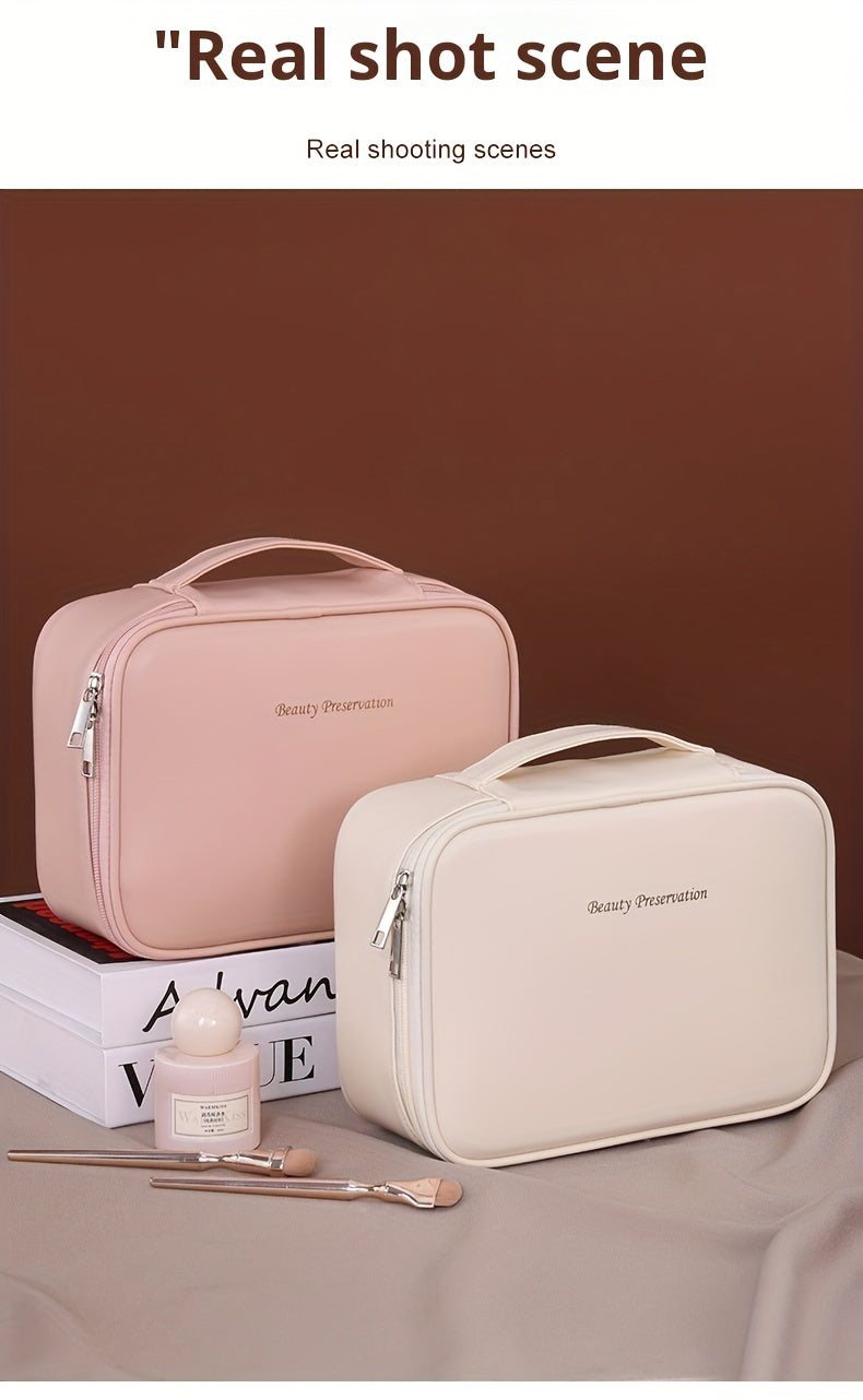 Large Capacity Multi-Layer Detachable Cosmetic Bag - PU Travel Makeup Organizer with Brush Holder