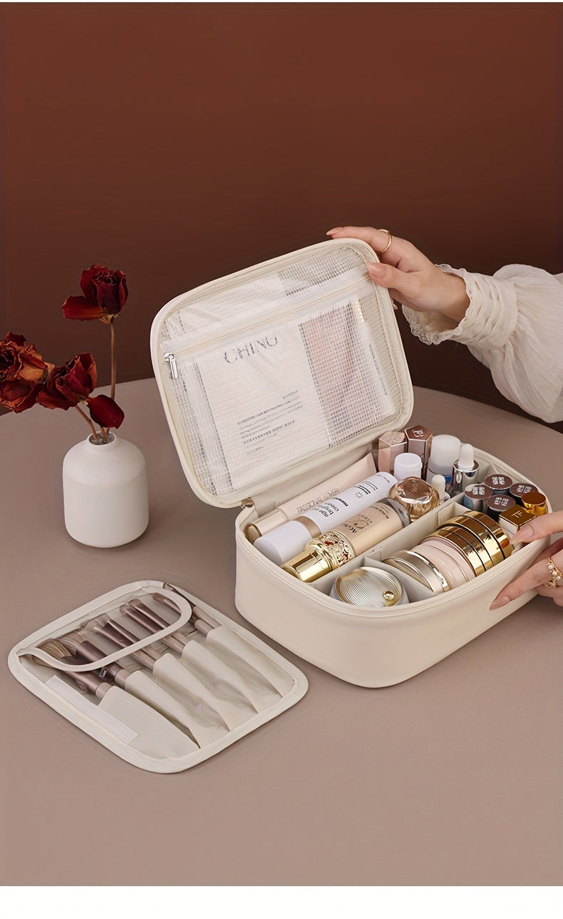 Large Capacity Multi-Layer Detachable Cosmetic Bag - PU Travel Makeup Organizer with Brush Holder