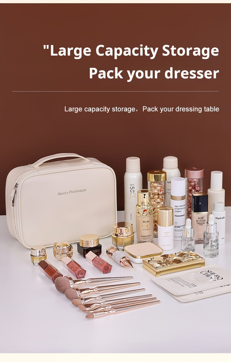 Large Capacity Multi-Layer Detachable Cosmetic Bag - PU Travel Makeup Organizer with Brush Holder