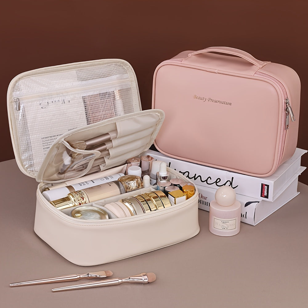 Large Capacity Multi-Layer Detachable Cosmetic Bag - PU Travel Makeup Organizer with Brush Holder
