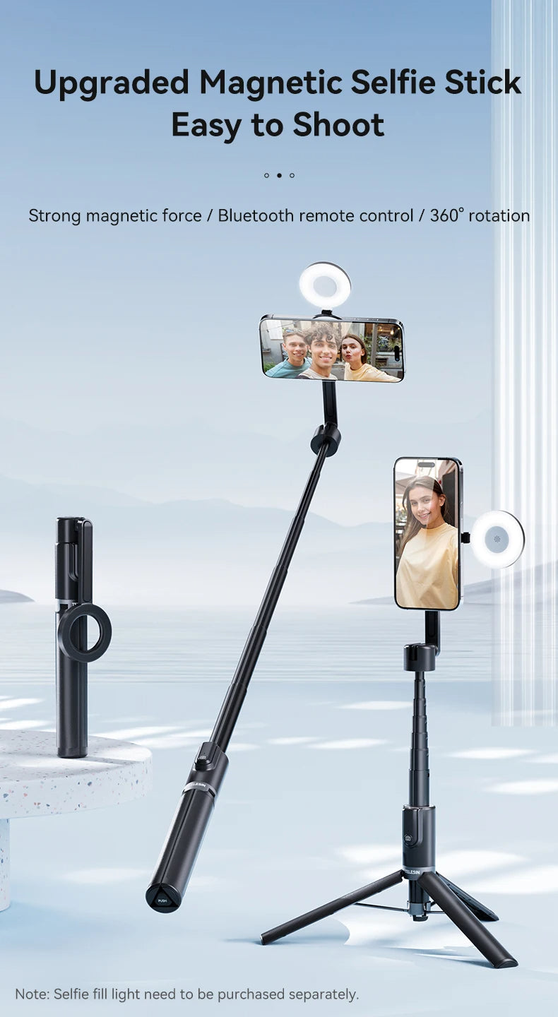 TELESIN 1.3M Magnetic Selfie Stick Tripod with Bluetooth Remote – Perfect for iPhone, Xiaomi, Huawei, Samsung, and Smartphones