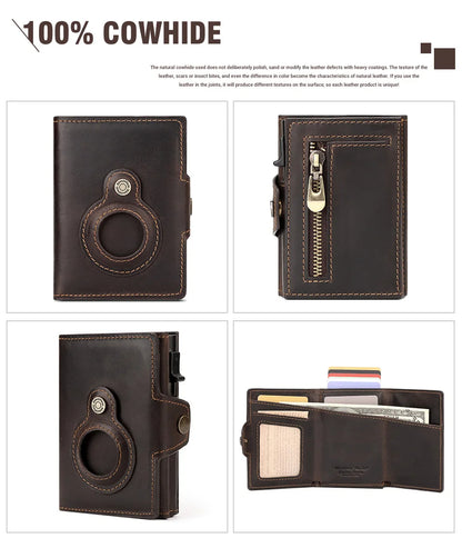 Genuine Leather RFID Blocking Pop-Out Smart Wallet – Luxury AirTag-Compatible Purse Set