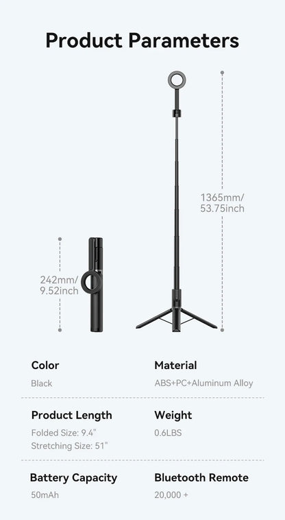TELESIN 1.3M Magnetic Selfie Stick Tripod with Bluetooth Remote – Perfect for iPhone, Xiaomi, Huawei, Samsung, and Smartphones
