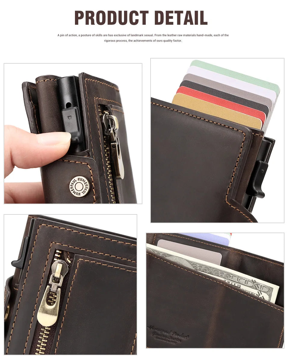Genuine Leather RFID Blocking Pop-Out Smart Wallet – Luxury AirTag-Compatible Purse Set