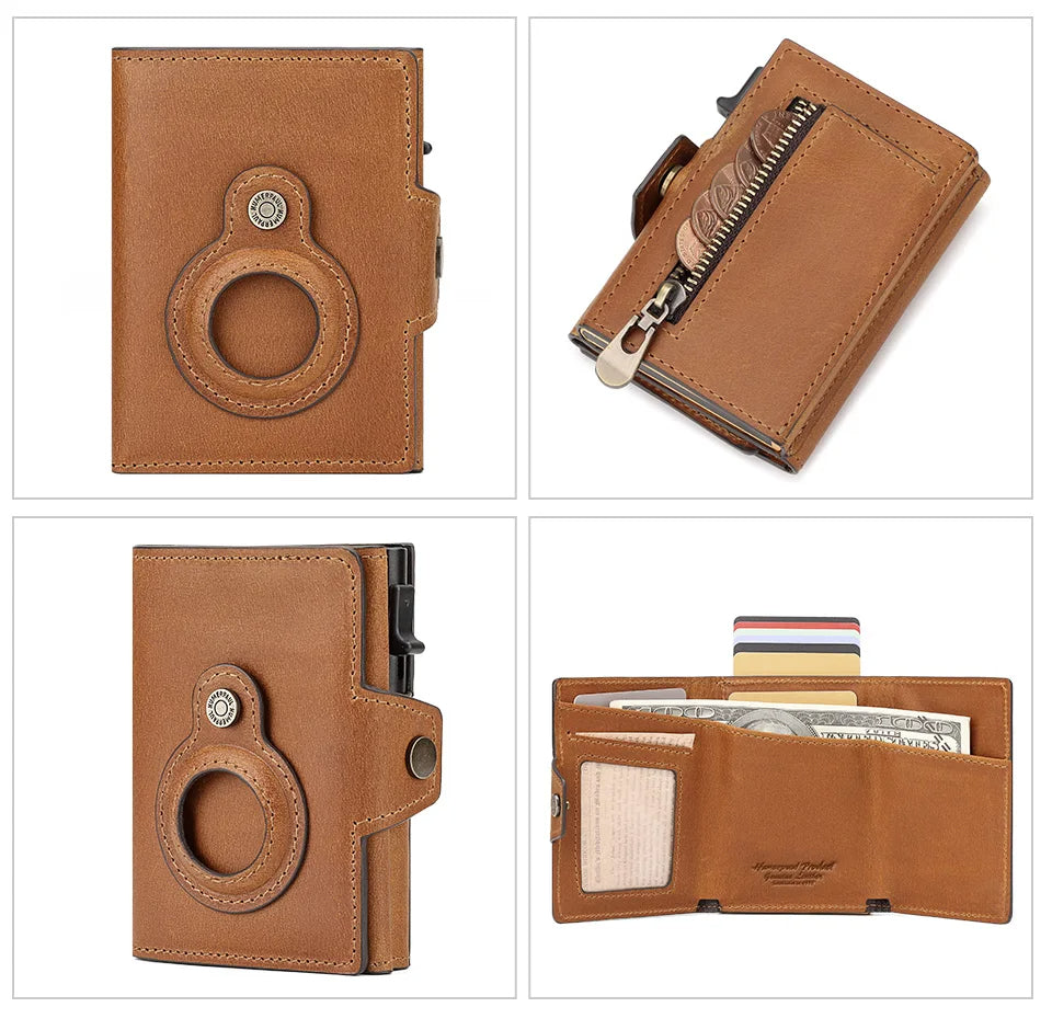 Genuine Leather RFID Blocking Pop-Out Smart Wallet – Luxury AirTag-Compatible Purse Set