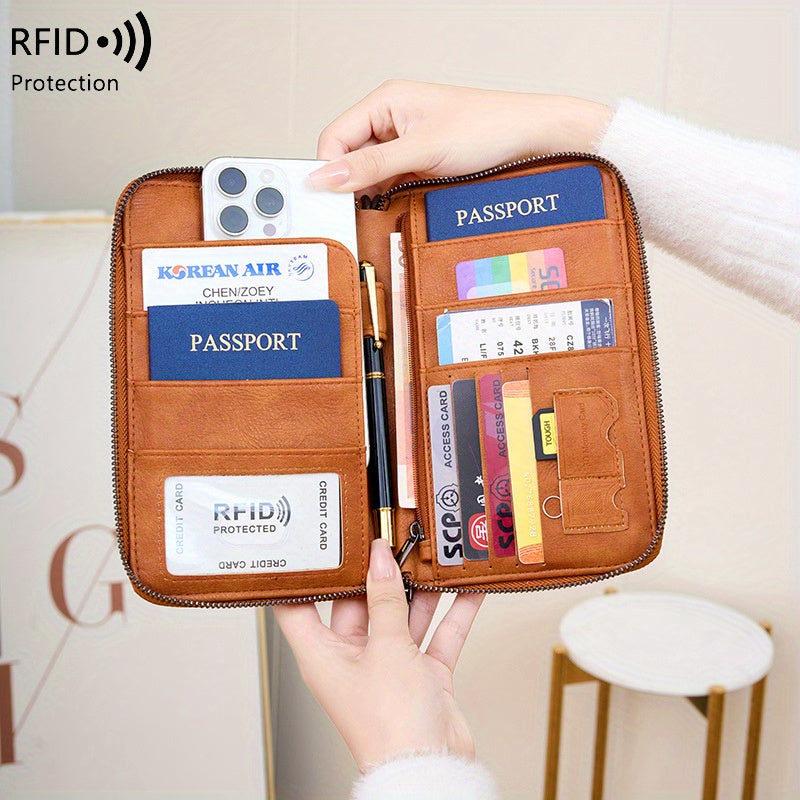 RFID Blocking Passport Wallet – Travel Organizer with Detachable Strap, Anti-Theft Design, and Zipper Closure