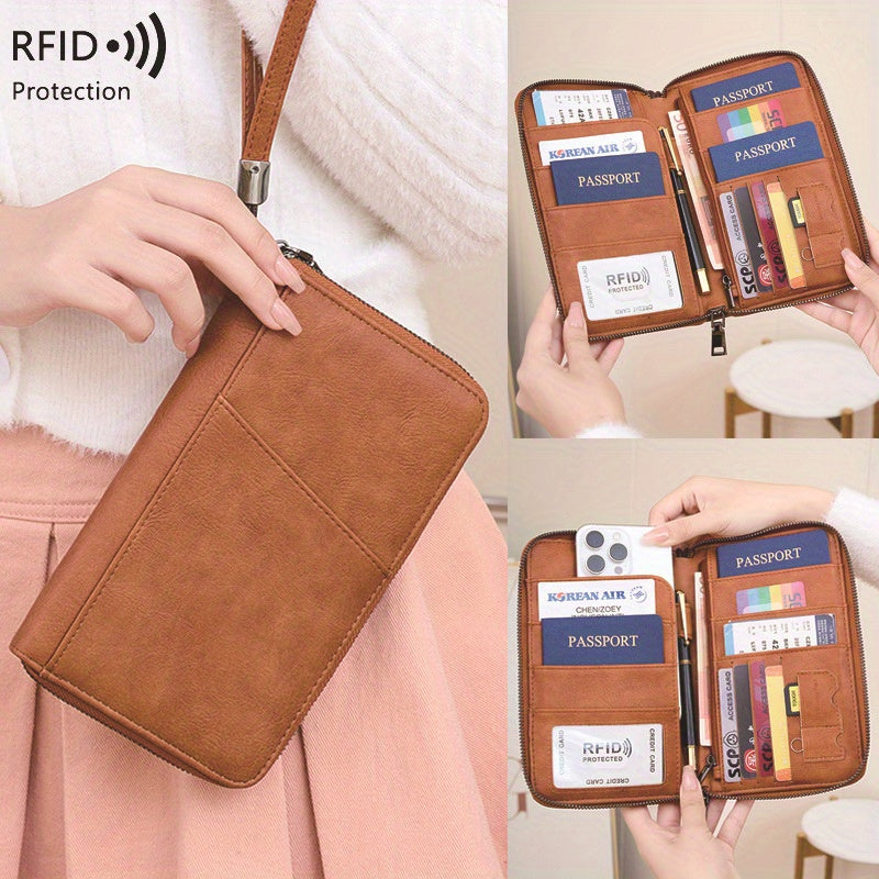 RFID Blocking Passport Wallet – Travel Organizer with Detachable Strap, Anti-Theft Design, and Zipper Closure