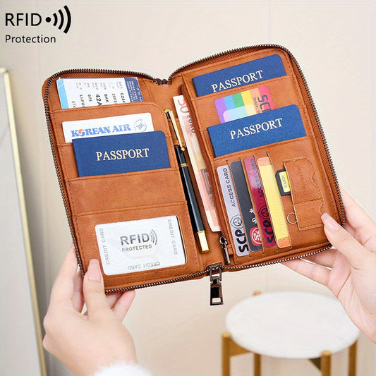 RFID Blocking Passport Wallet – Travel Organizer with Detachable Strap, Anti-Theft Design, and Zipper Closure