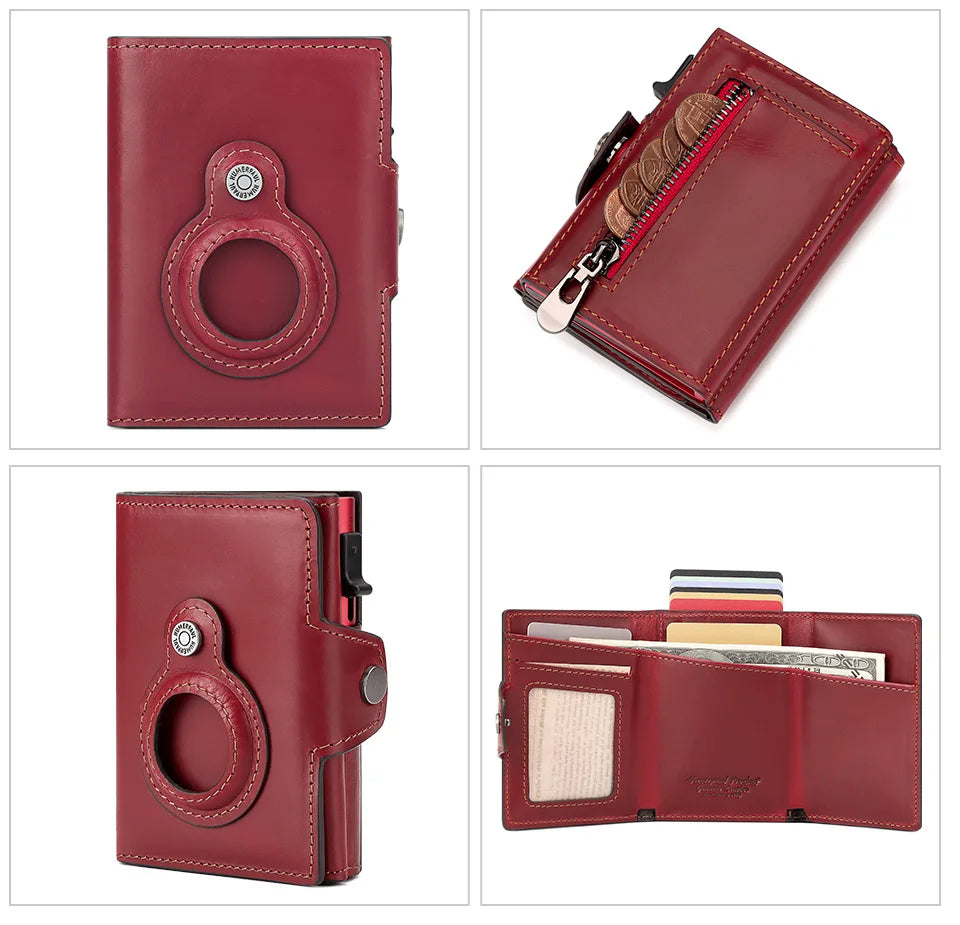 Genuine Leather RFID Blocking Pop-Out Smart Wallet – Luxury AirTag-Compatible Purse Set