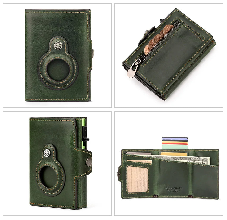 Genuine Leather RFID Blocking Pop-Out Smart Wallet – Luxury AirTag-Compatible Purse Set