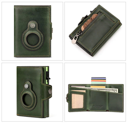 Genuine Leather RFID Blocking Pop-Out Smart Wallet – Luxury AirTag-Compatible Purse Set