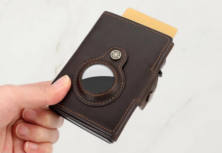 Genuine Leather RFID Blocking Pop-Out Smart Wallet – Luxury AirTag-Compatible Purse Set