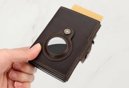 Genuine Leather RFID Blocking Pop-Out Smart Wallet – Luxury AirTag-Compatible Purse Set