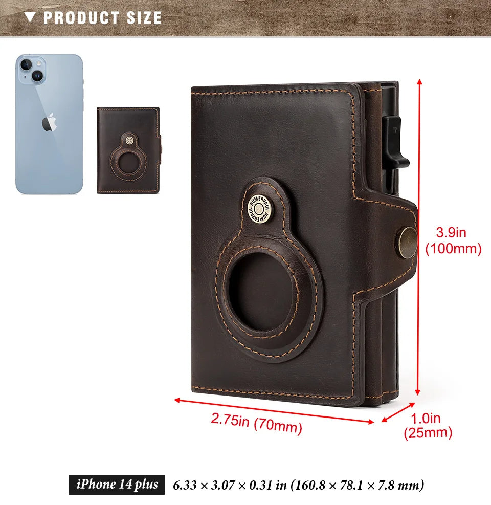 Genuine Leather RFID Blocking Pop-Out Smart Wallet – Luxury AirTag-Compatible Purse Set