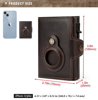 Genuine Leather RFID Blocking Pop-Out Smart Wallet – Luxury AirTag-Compatible Purse Set