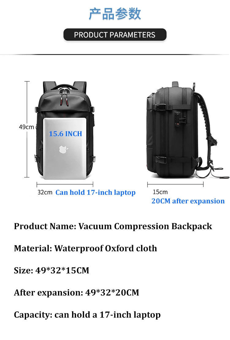 Travel Men's 17-Inch Laptop Backpack – Expandable Business and School Bag with Vacuum Compression and Large Capacity